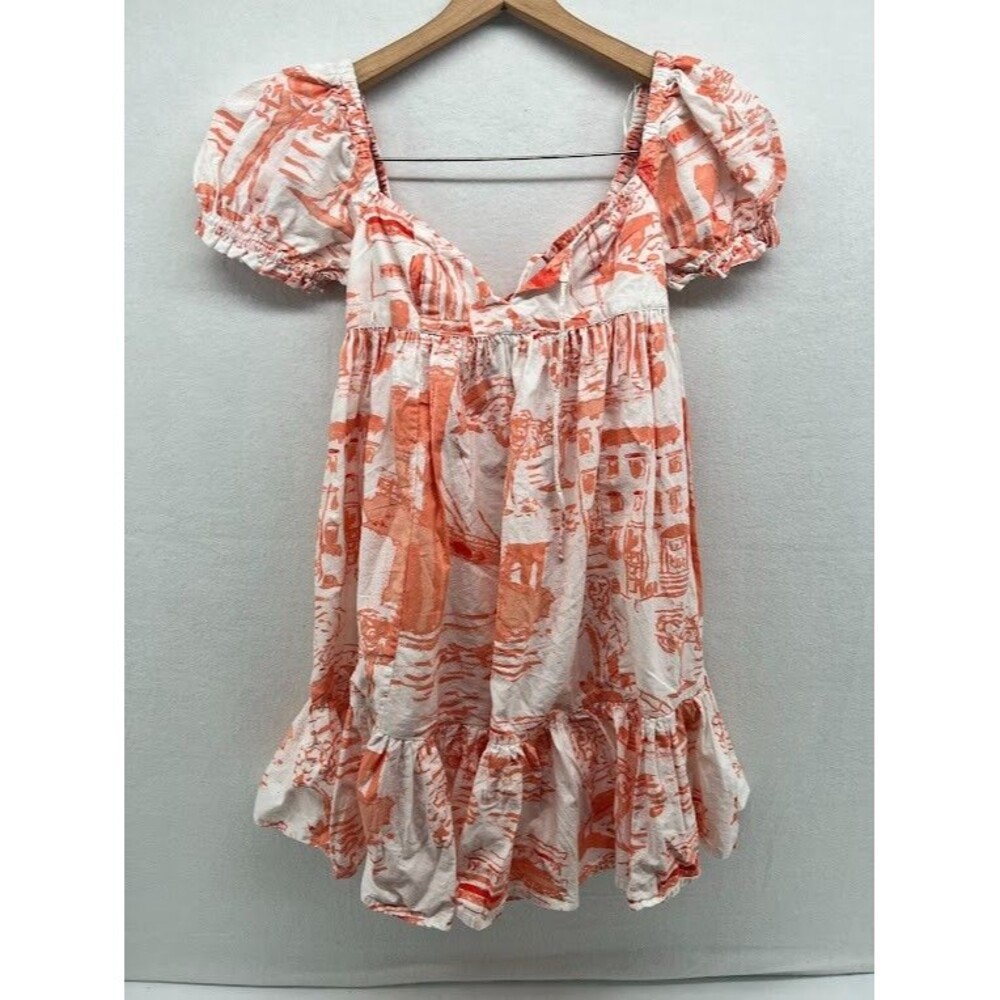 Urban Outfitters Wonderland Coral Babydoll Tieback Dress Puff Sleeves Sz X-Small